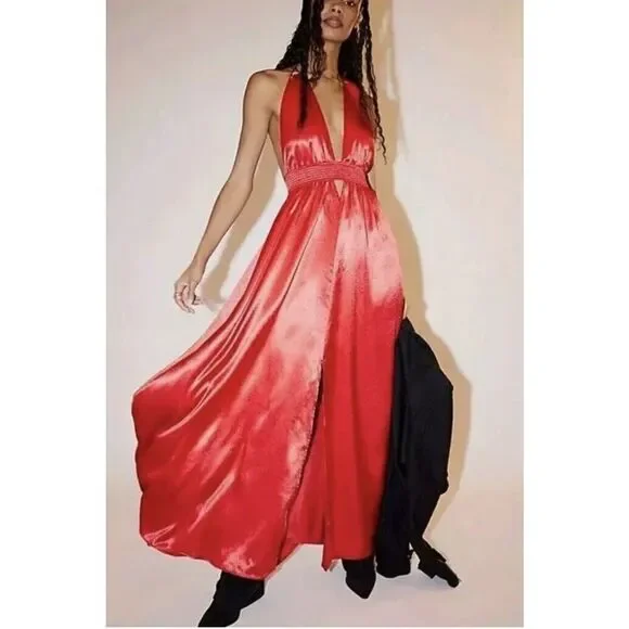 Free People | Dresses | Free People Look Into The Sun Satin Cutouts Halter Gown  Maxi Dress Xl | Poshmark